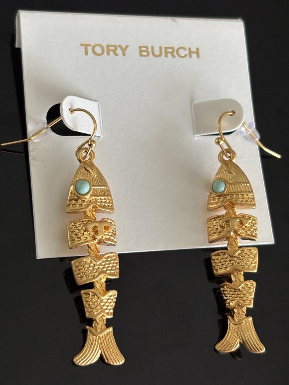 ⚜️Tory Burch Gold Fishbone Drop Earrings with Light Turquoise Accents⚜️